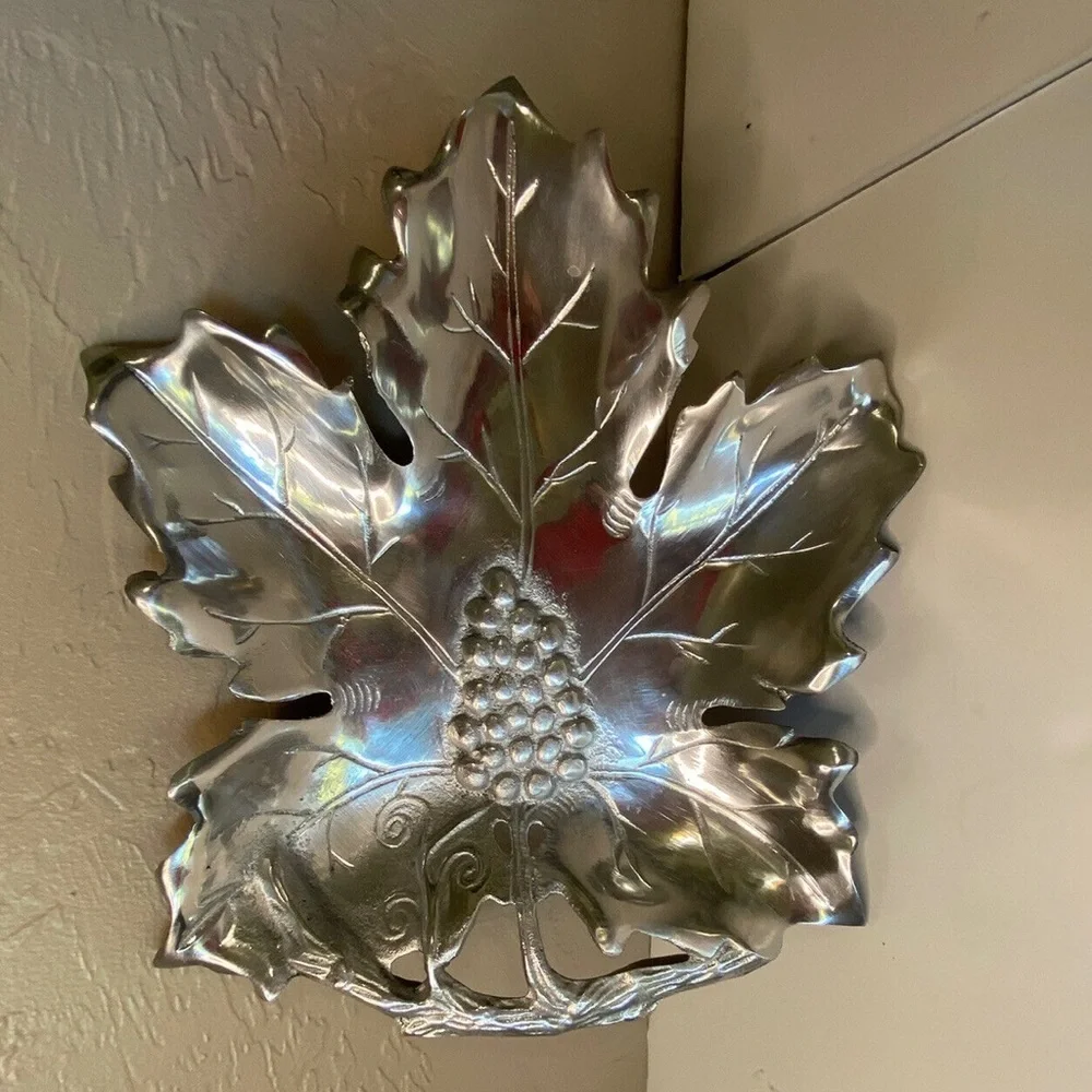 Grape Leaf Serving Tray Aluminum Dish Metal Platter Made in India.